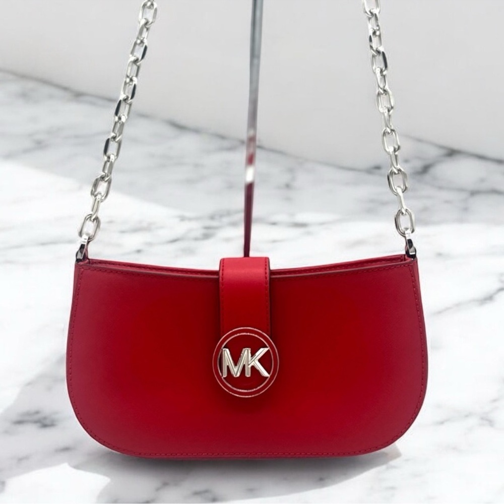 Michael Kors Carmen Small Pouchette Crossbody Bag Red/Silver - Picture 2 of 9